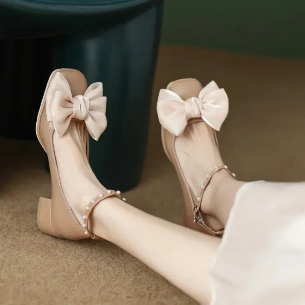 

Spring Autumn Square Head High-heeled Women's Shoes Shallow Mouth Buckle Pearl Sweet Butterfly-knot Square Heel Women Shoes