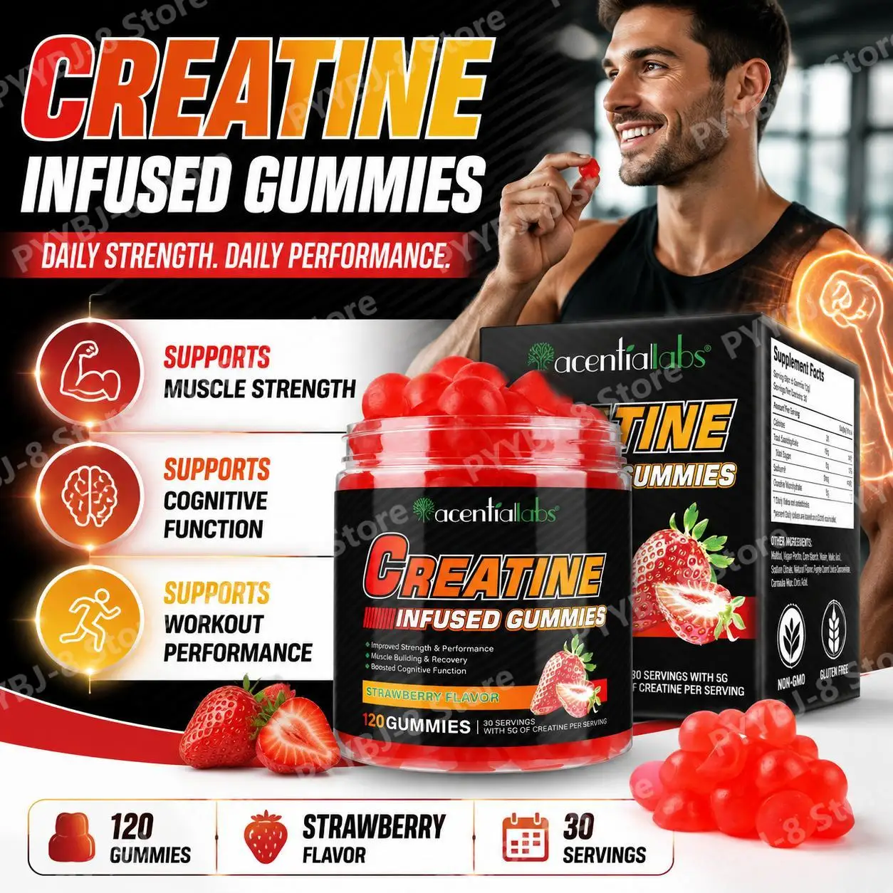 Acentilalabs Creatine Monohydrate Gummies for Workout Performance and Cognitive Function Support, Strawberry Flavor 120 Gummies