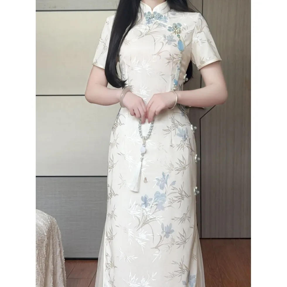 

High End Chinese Style Improved Qipao Summer Daily Print Cheongsams Dress For Young Girls Engagement Party Dress CH-088