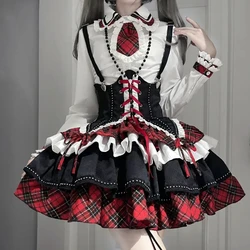 Victorian Gothic Lolita Dress Set Women Punk Style Y2k Plaid Necktie Bandage Princess Dress Harajuku Fashion Evening Party Dress