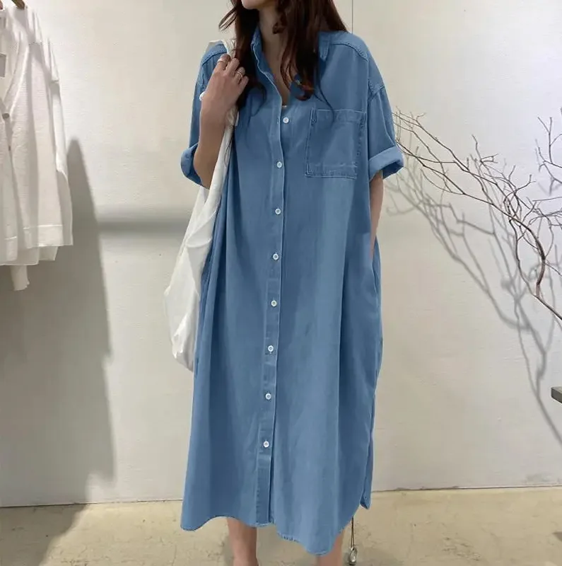 2025 Autumn Fashion Collection New Women's Cowboy Long Dress Loose Single Breasted Flip Collar Casual Medium Long Shirt Dress