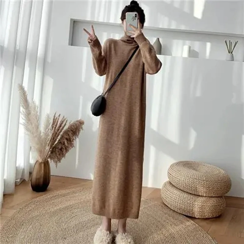 Autumn Winter Turtleneck Knitted Dress Women Elegant Side Slit Chic Long Sleeve Ankle Dress Fashion Korean Solid Casual Dresses