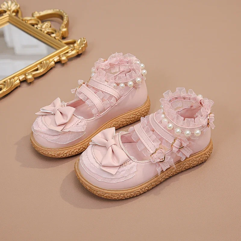 

Children's Shoe for Girl Party Wedding Sweet Lace Princess Causal Leather Shoes Fashion Chic Kids Lolita Flat Shoes Hook Loop