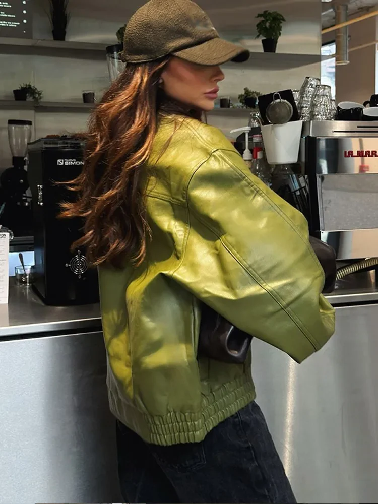 Fashion Lapel Collar Green Pu Leather Short Jackets For Women Locomotive Button Long Sleeve Coats Female 2024 Autumn Office Wear