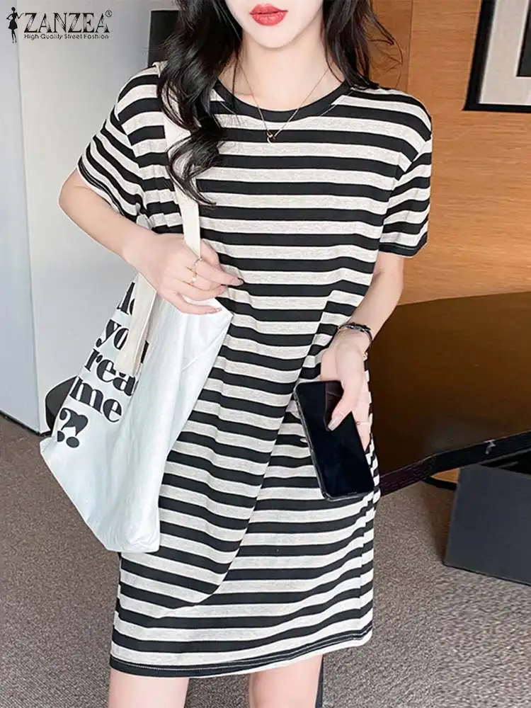 

Korean Fashion Women Striped Shirtdress ZANZEA 2024 Summer Robe Femme Stylish Streetwear O Neck Short Sleeve Party Work Sundress