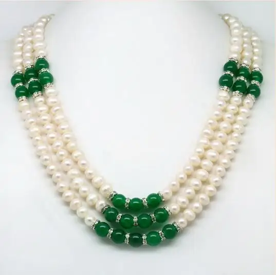 Favorite Pearl Jewelry,3rows 6-7MM White Freshwater Pearl Green Jade Necklace,Wedding Birthday Party Charming Women Gift