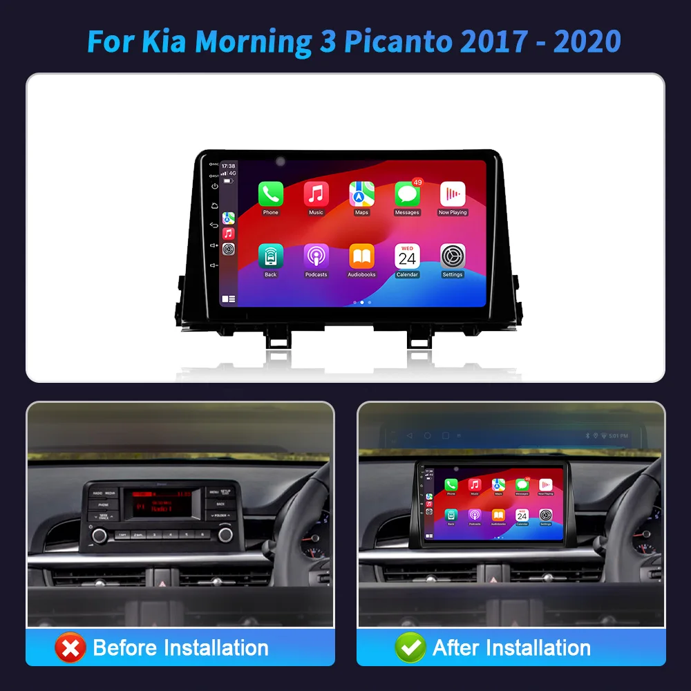 Autoradio Android 14, Navigation GPS, CarPlay, Écran Stéréo, Lecteur Vidéo, Limitation, Kia Phones 3, Picanto, 2017, 2018, 2019, 2020