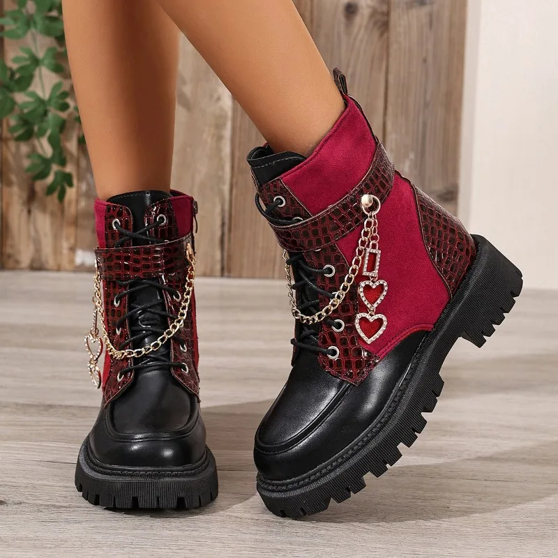 Sepatu Booties Model Round Toe dengan Rantai Logam, Tali, Sol Lembut Anti Selip, dan Hak Blok