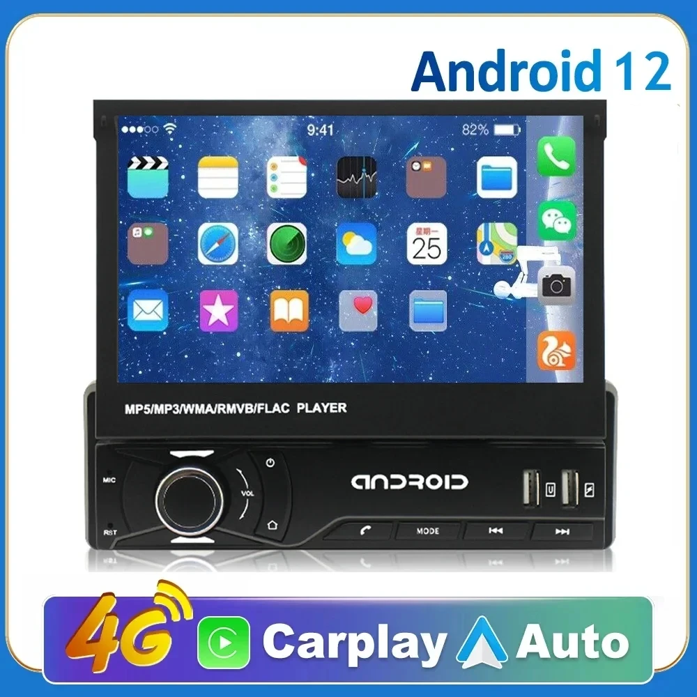 Android 12 Universal 1din Car Radio CarPlay GPS Navigation Multimedia Player 1 Din Car Stereo 7 Inch Retractable Screen
