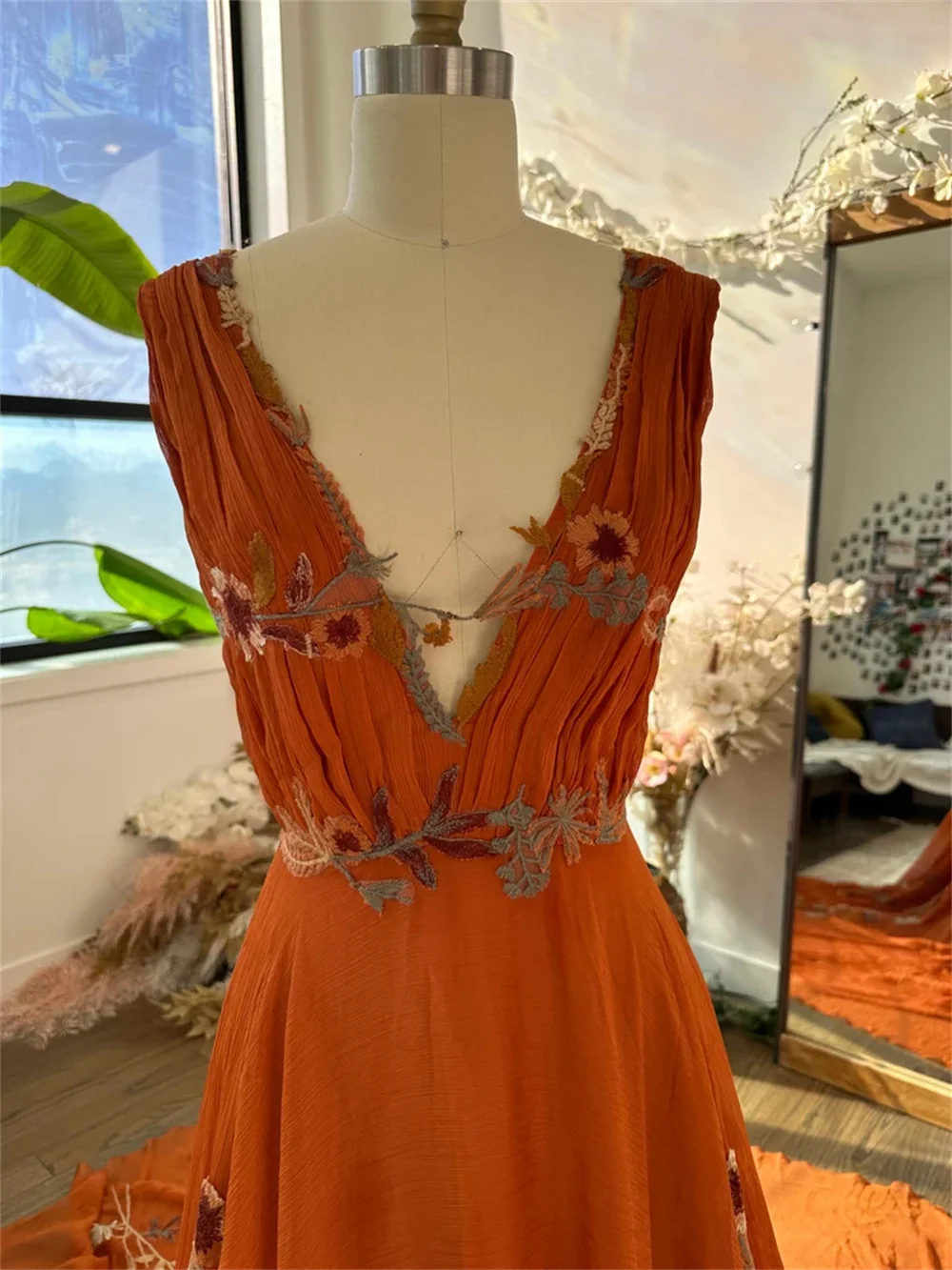 Amanda BOHO Orange Chiffon Elegant Party Sleeveless V-neck Long Train Evening Dress Floor-Length Flowers vestidos de fiestas