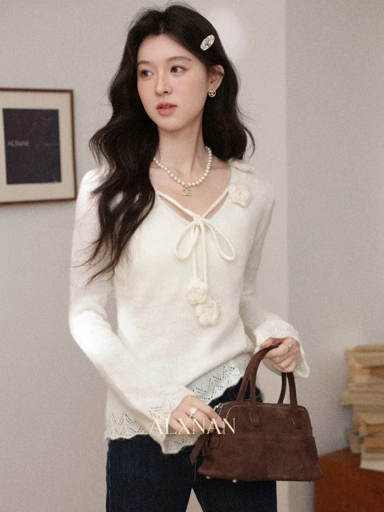 

ALXNAN Off-white Sweater Women's Autumn Elegant Tie Waist V-neck 3D Floral Sweaters Hollow Lace Trim Long Sleeve Pullover L59896