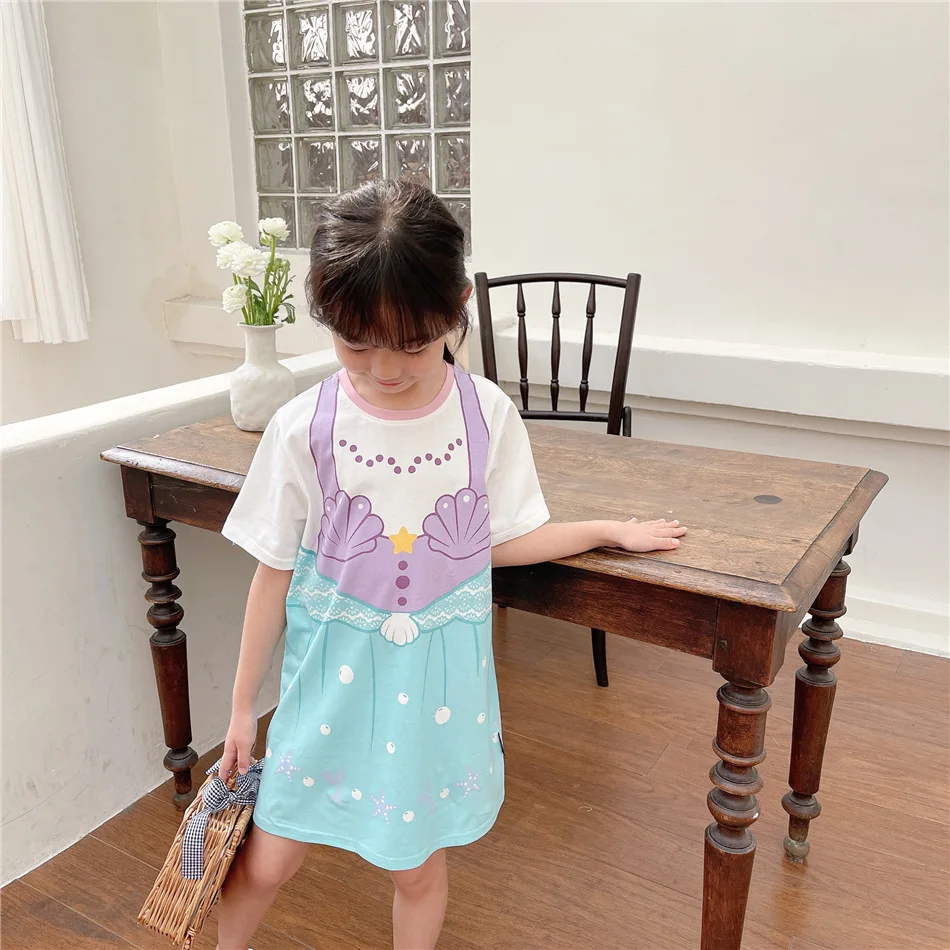 Summer Girls T-shirt Skirt Fashion Printed Princess Dress 2-8 Years Old Sweet Fake Two Pieces Short Sleeved Dress