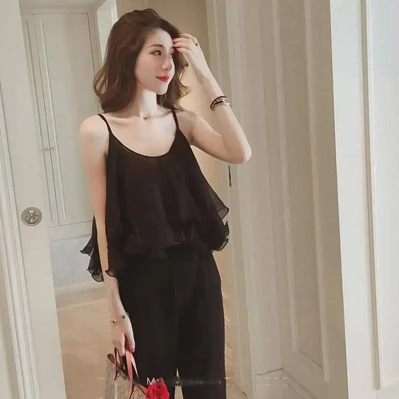 Solid Color Net Yarn Summer Women Loose Chiffon Sling Vest Ruffles Sleeveless Baby Shirt Solid Color Comfortable Refreshing Tops