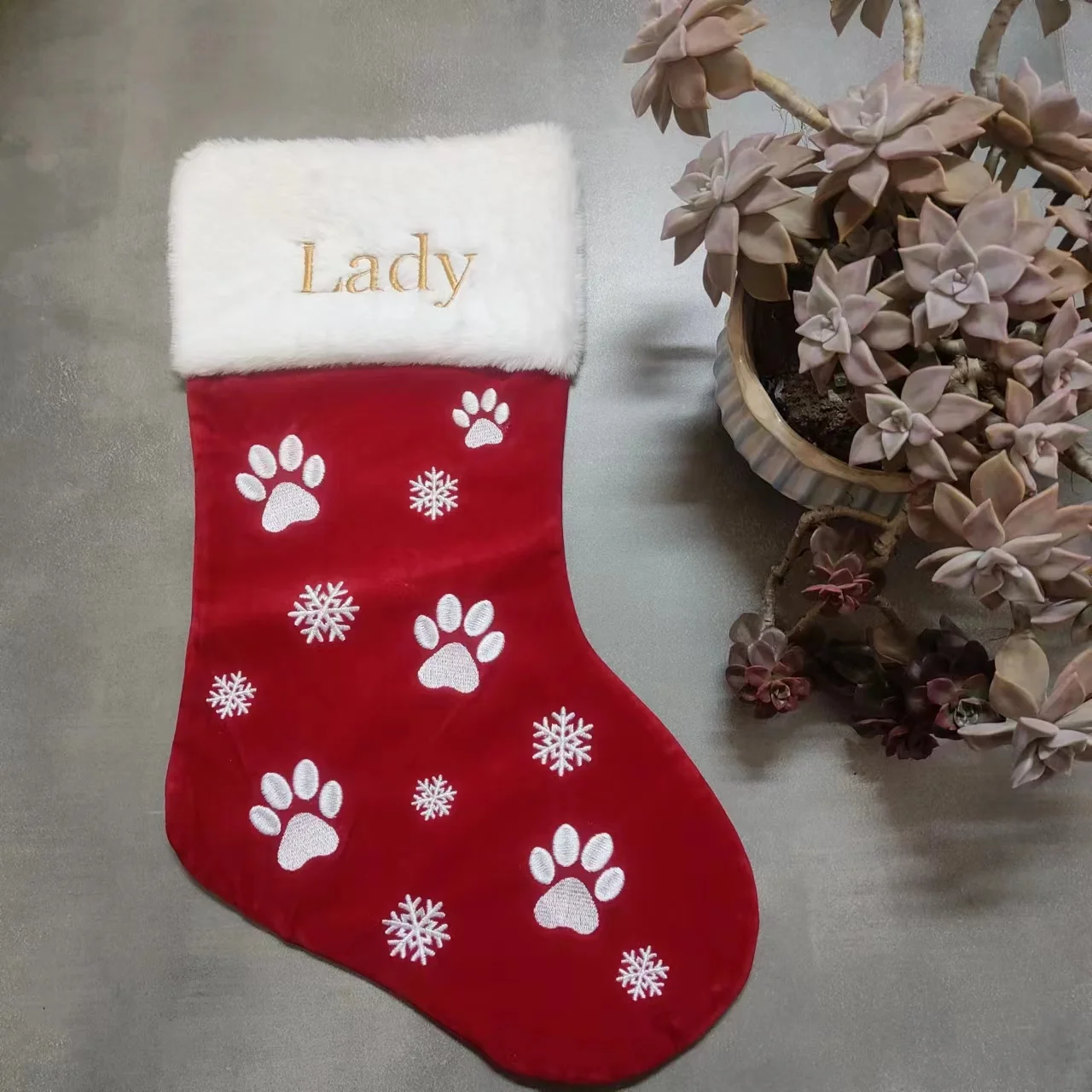 Custom Name Christmas Stocking Embroidered Any Name Christmas Tree Pendant Socks Christmas Decoration Pet Paw Stocking Gift Bag