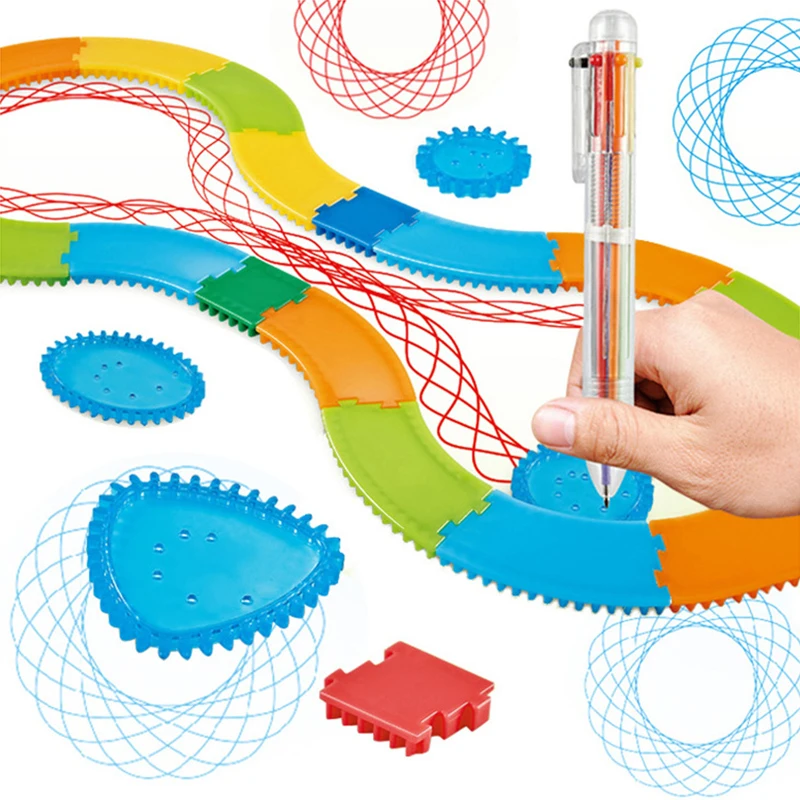 34 pçs conjunto de blocos spirograph desenhar espiral design educacional brinquedos geométricos bebê forma criativa pintura régua ferroviário pista