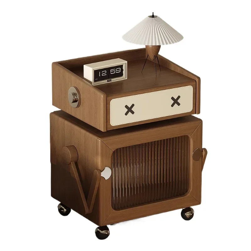 Medieval style movable solid wood edge cabinet, cherry wood creative robot bedside table