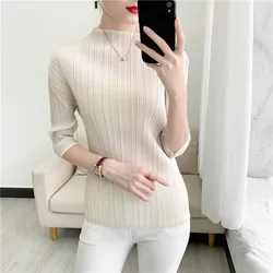 YUDX Miyake My Body My Choice 2023 New Solid Color Half Sleeve High Neck Slim Miyak Women's Large Size Casual Spring Summer Top