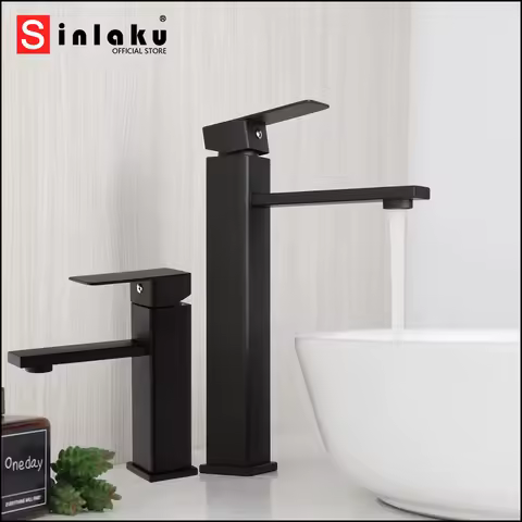 SINLAKU Bathroom Basin Faucet Black Chrome Brush Nickel Wash Sink Mixer Tap Stream Spray Deck Mounted Hot &amp; Cold Mixer Taps