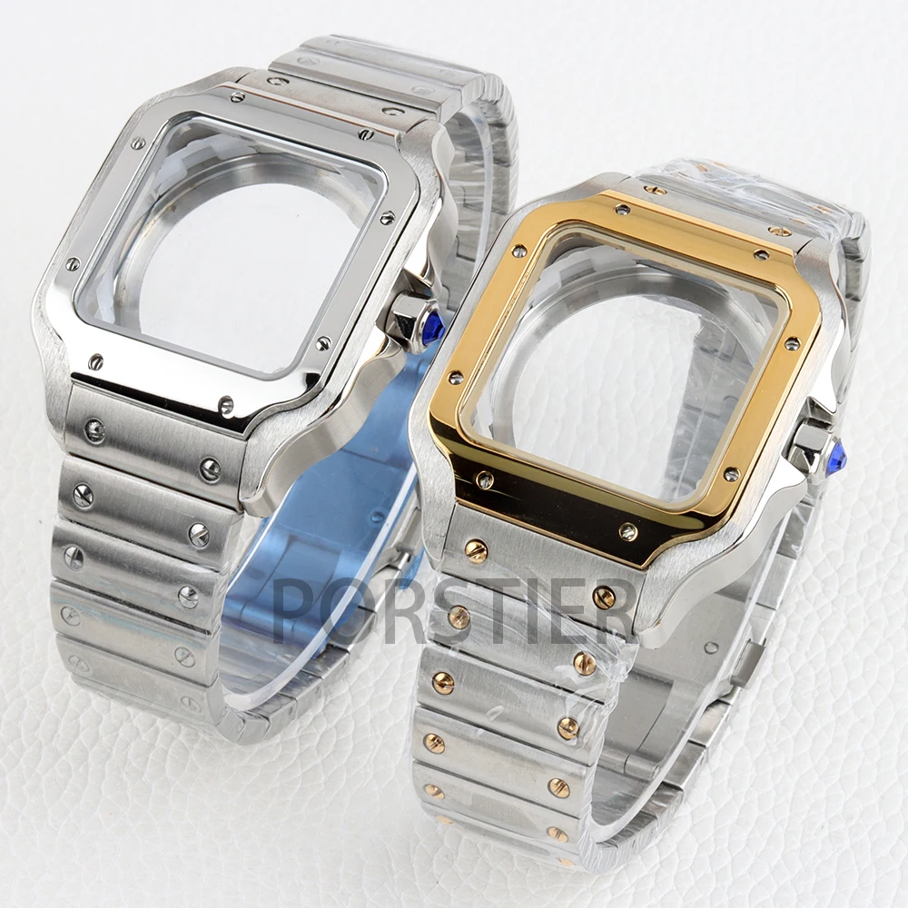 38MM NH35 Case for Santos Square Watch Case NH35 NH36 NH38 movement 27mm Dial Gold Silver Stainless steel Watch Accessories
