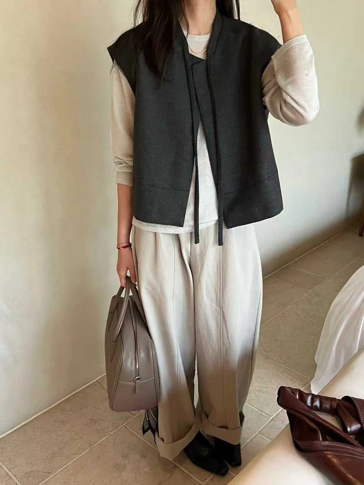 

SOHEE Faionable Woolen Vest Women's Spring Autumn New Sle One Button Dstring Layering Top Thin Model