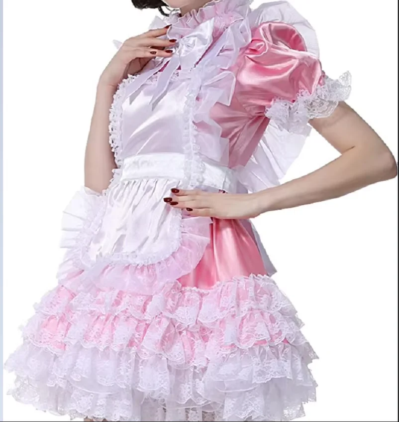 

New Hot Selling Lady Pink Satin Independent Apron Lace Lace Lace Maid French Uniform Party Dress Custom