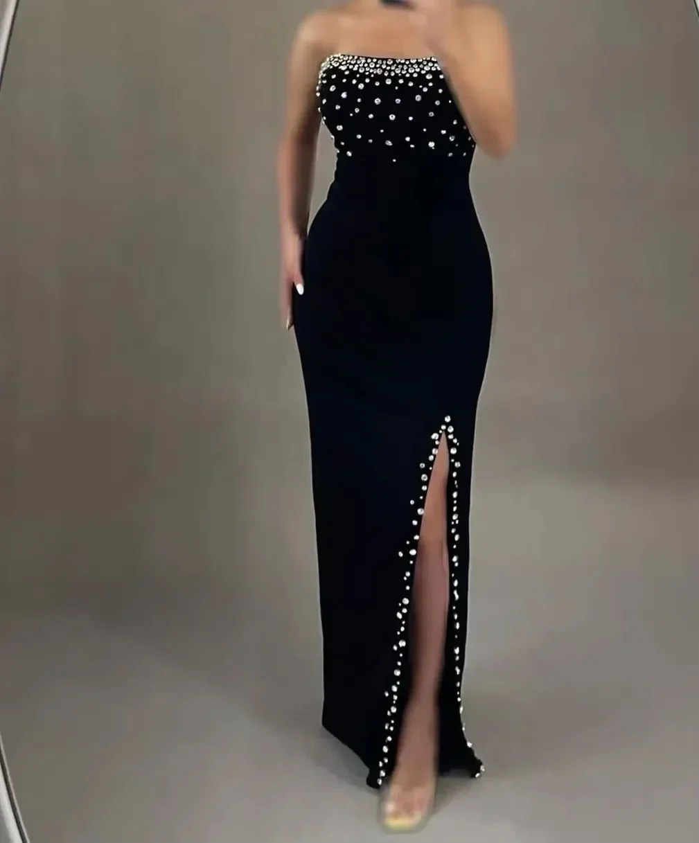 

Customized Black Strapless Evening Dresses Sleevesless Prom Dresses Pleated Floor Length Party Dresses vestidos de novia