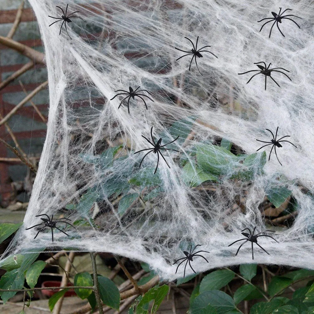 Halloween Decorations Artificial Spider Web Luminous Stretch Cobwebs with Fake Spider Scary Party Scene Decor Horror House Props