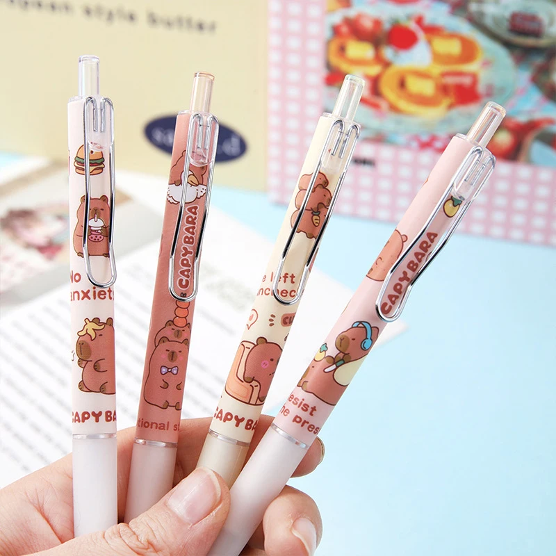 Stylo gel Anime Capybara pour enfants, stylo à bille mignon, fournitures scolaires et de bureau, cadeau d'anniversaire, papeterie, dessin animé Kawaii, melon al, 4 pièces