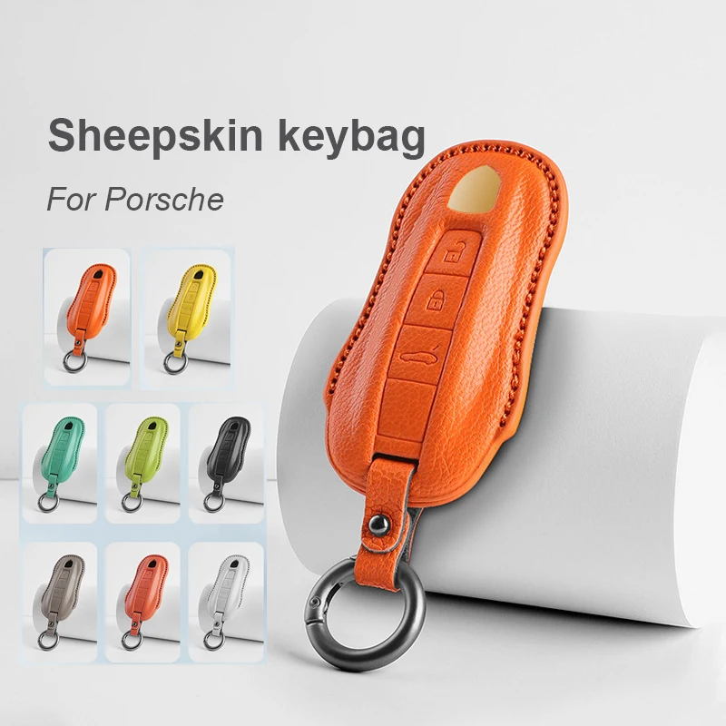 

For Porsche Panamera Cayenne Macan 718 Boxster Car Key Cover Key Protection Shell Sheepskin 3 Buttons Auto Keychain Accessories