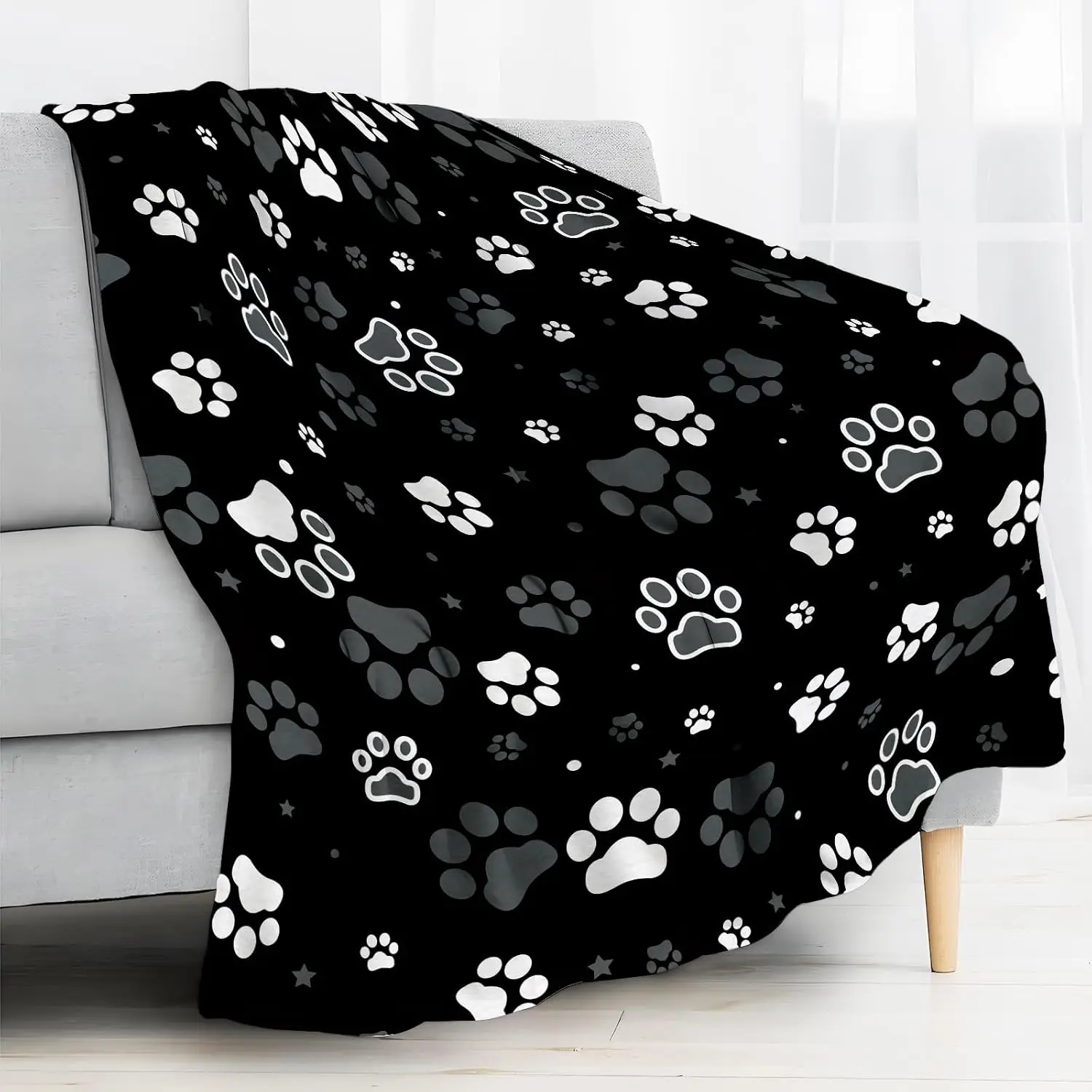 Monochrome Dog Cat Paw Star All Over Print Cozy Flannel Blanket Portable Living Room Stylish Warm Daily Household Use