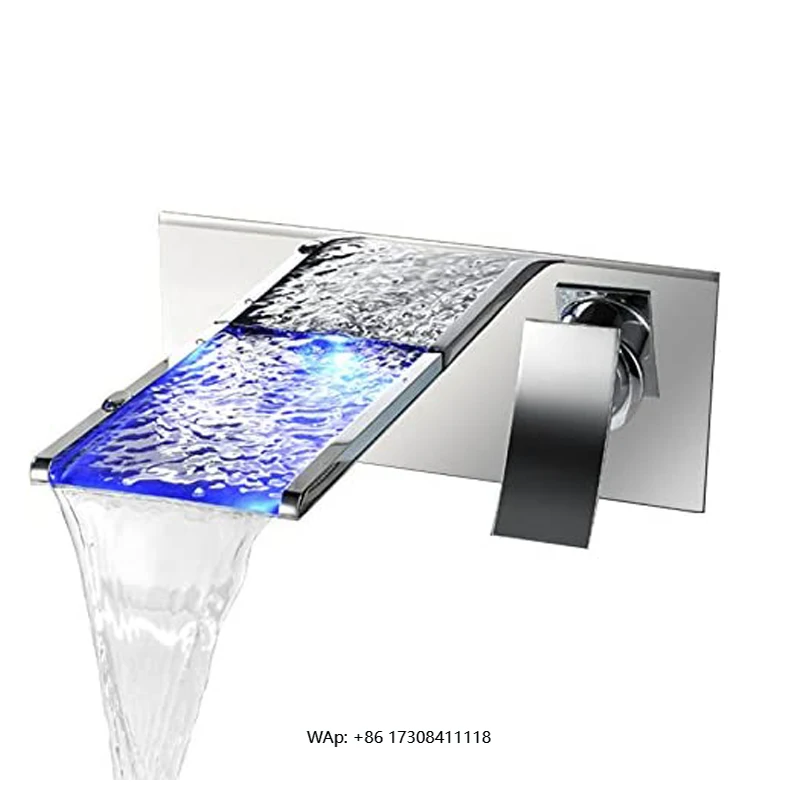 

LED Waterfall Modern Brass Single Hole Wall Mounted Basin Faucet Ceramic Spool Bathroom Family Apartment Hotel