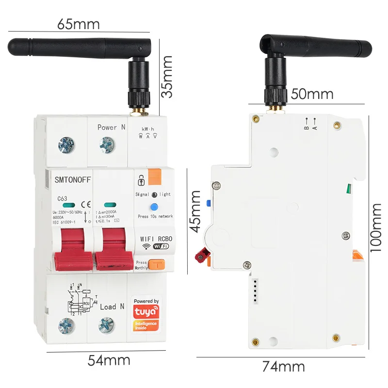 Interruptor inteligente WiFi RS485 2p RCBO, medidor prepago, temporizador, voltaje, Protector de corriente, Control por voz, Alexa, Google Alice