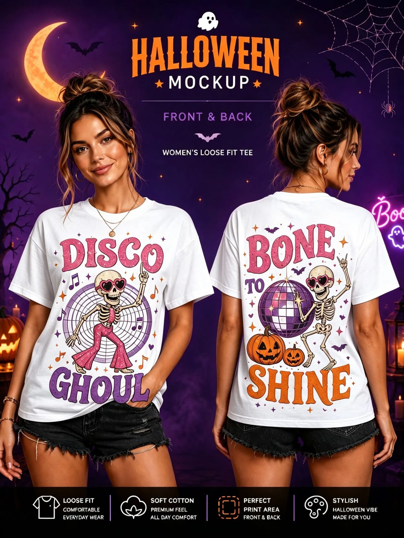 Halloween Bat Fang Lips Moon Star Printed Women's Black Short Sleeved Loose T-shirt, Personalized Dark Style