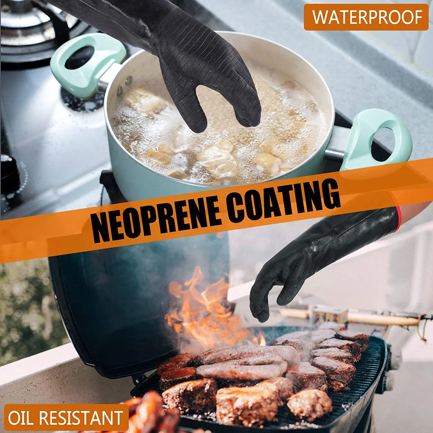 Heat Resistant BBQ Gloves, Long Sleeve Grill Gloves, Non-Slip Neoprene Coating, Soft Inside, Waterproof