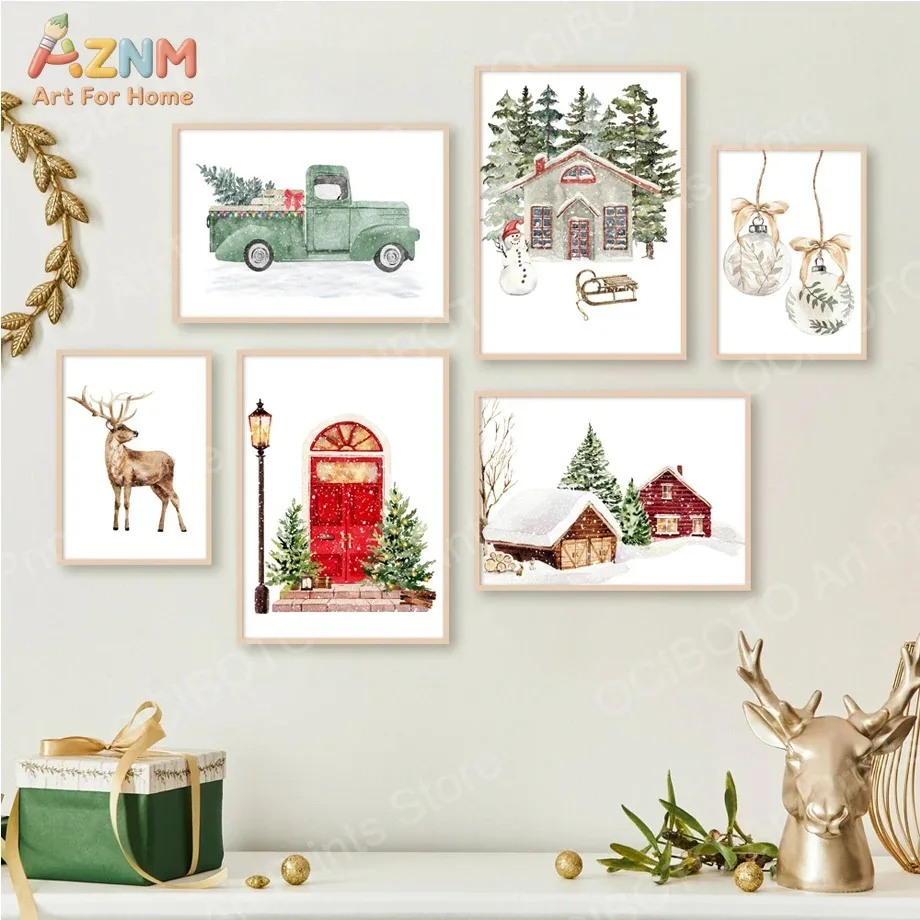 AZNM Watercolor Winter Christmas Canvas Wall Art Green Truck Reindeer Snowy House Xmas Ball Pine Tree Print Unframed Canvas Pain