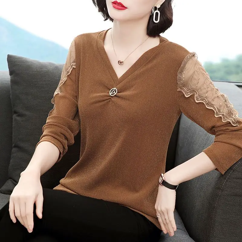 Fashion Net Yarn Bottoming Shirt Women Clothes Long Sleeve 2025 Spring New Simplicity V-neck Interior Lapping Oversized T-Shirts