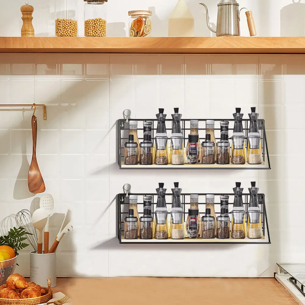 Wooden Spice Rack Wall Mounted Kitchen Organizer Hanging Spice Jar Storage Shelf For Kitchen Seasoning Holder Wall Decoration