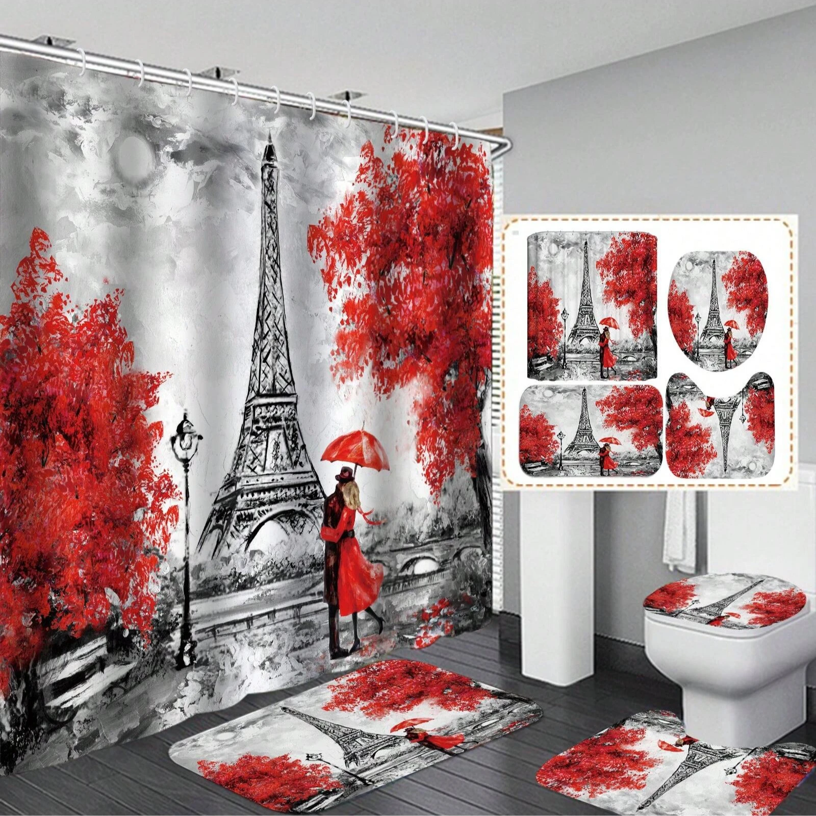 4pcs Paris Eiffel Tower Couple Oil Painting Waterproof Mildew-Proof Bathroom Shower Curtain Durable Sturdy Bathroom Accessories