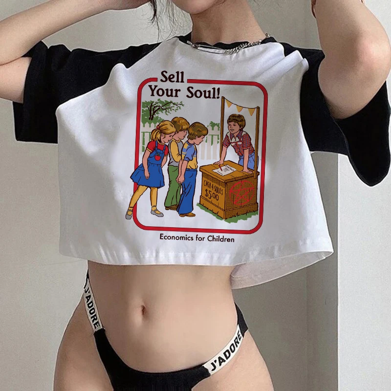 Crop Top Gothic Horror Y2k Cropped Aesthetic 90s Satan T Shirt Women Satanism Evil Demon Grim Death Tshirt Female  T-shirt