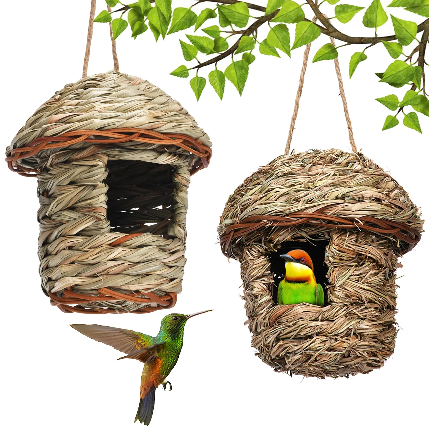 smart bird feeder house solar Handwoven Straw Nest Parrot Hatching Breeding Grass Cave Garden Supply Birds Humming for Lawn Home