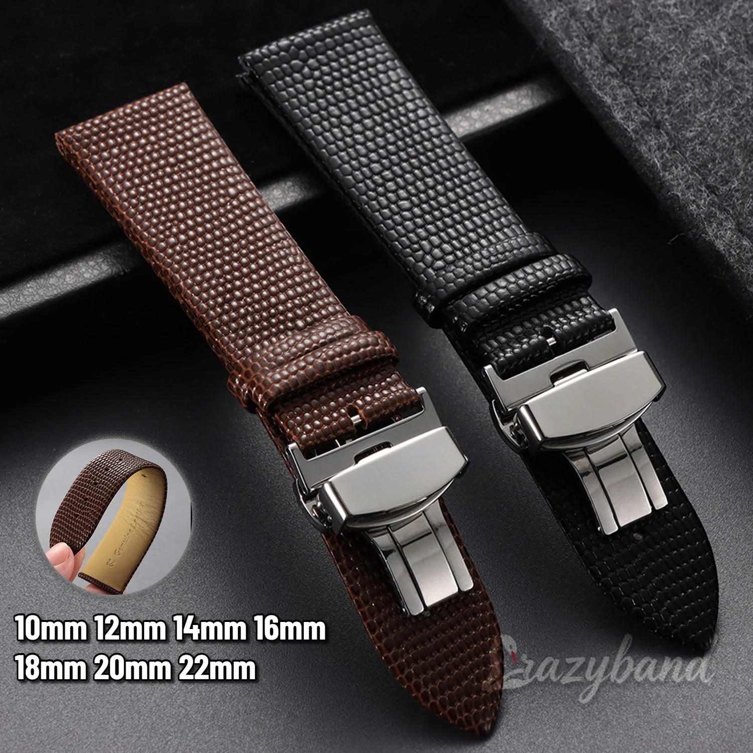 Lizard Print Leather Watch Band 10mm 12mm 14mm 16mm 18mm20mm 22mm Brown Genuine Strap Men Women Replacement Bracelet Accessories