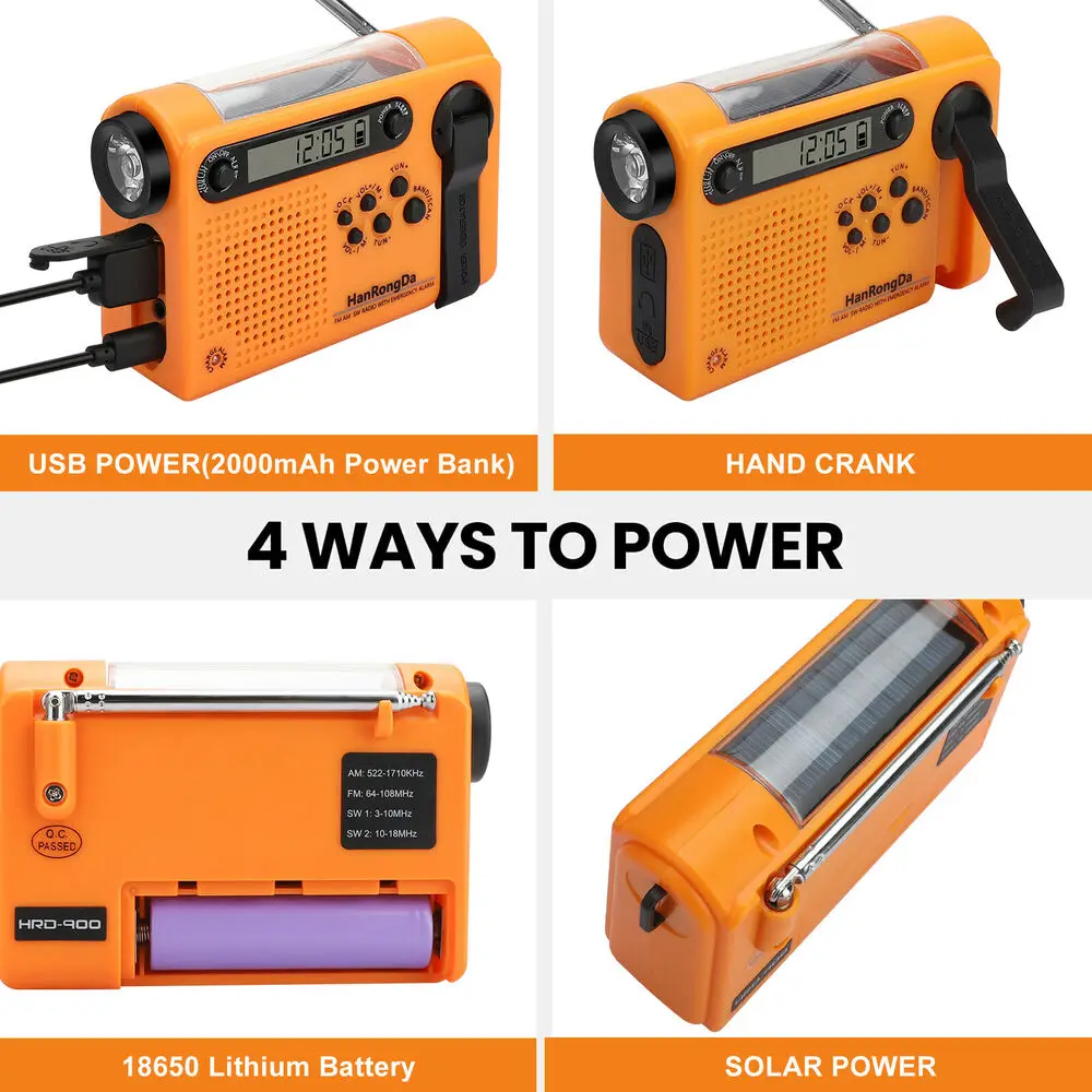 Weather Emergency Radio AM/FM/SW Portable Solar Hand Crank Radio 3 in 1 2000mAh Power Bank Phone Charger Flashlight for Camping