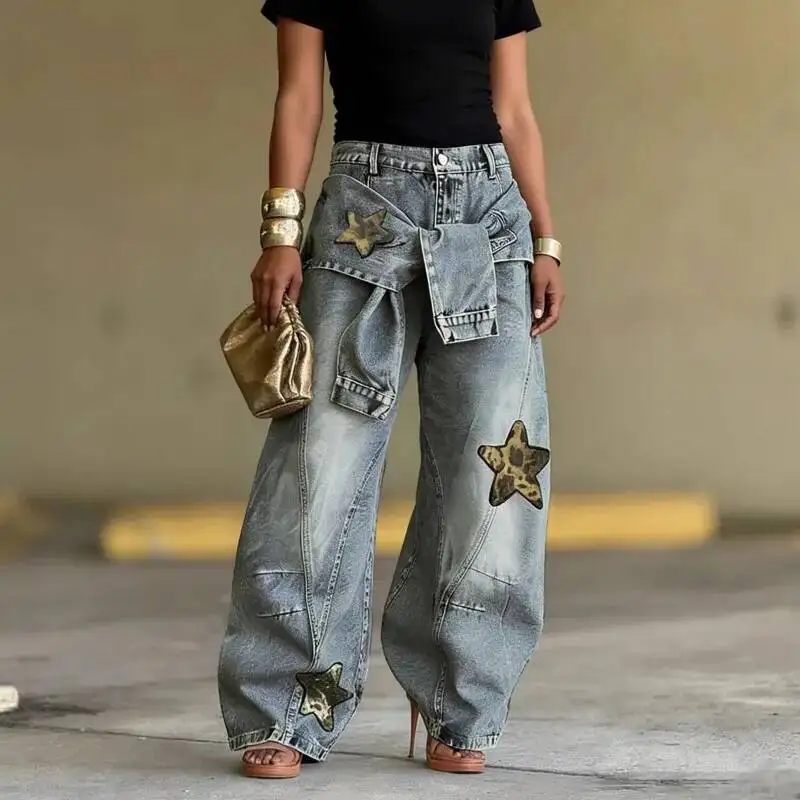 Women Leopard Print Star Patchwork Denim Jeans A Street Fashion Trend Retro Versatile Suitable For Daily Commuting And Shopping