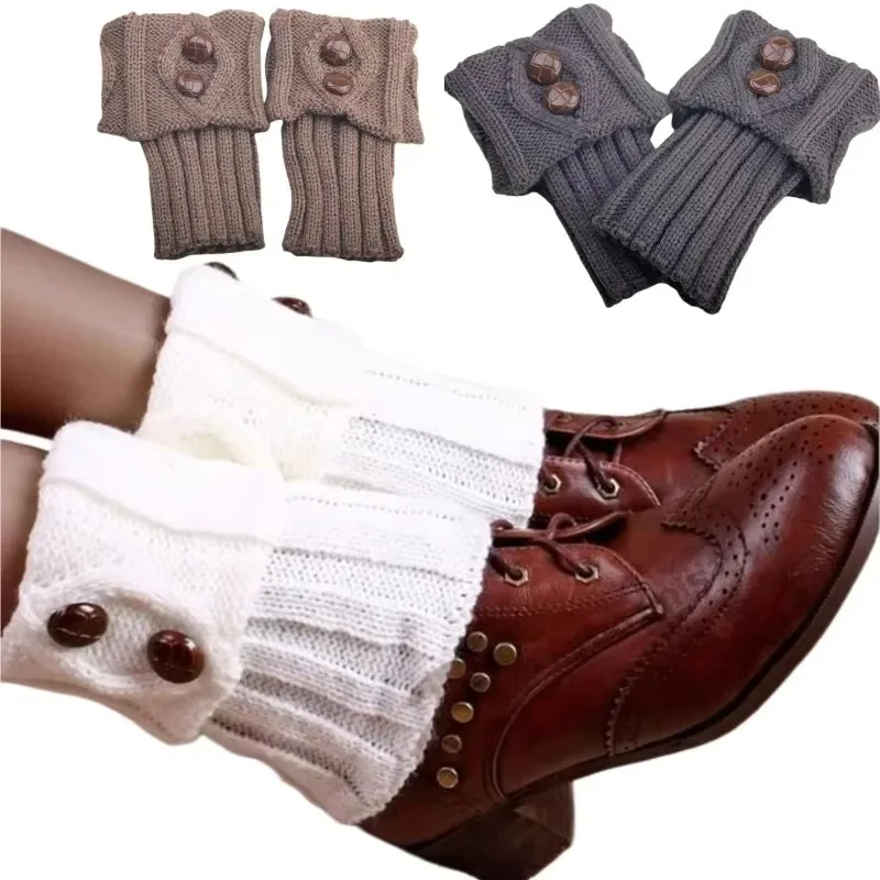 Autumn Winter Women's New Short Rhombus Flip 2 Button Foot Warmer Knitted Wool Socks Fashion Boot Cover Leg Warmers