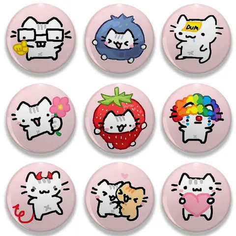 Cute Strawberry Cat Meow Meme Badges for Jewelry Accessories Bag Decor Adorable Kitten Button Brooch Pins Fans Friends Gifts