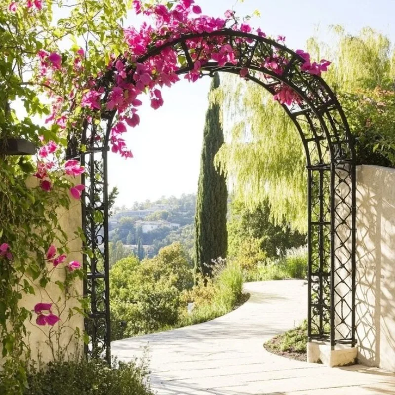 Elegant metal lattice garden arbor decorated climbing plants wedding ceremony passage entrance screen