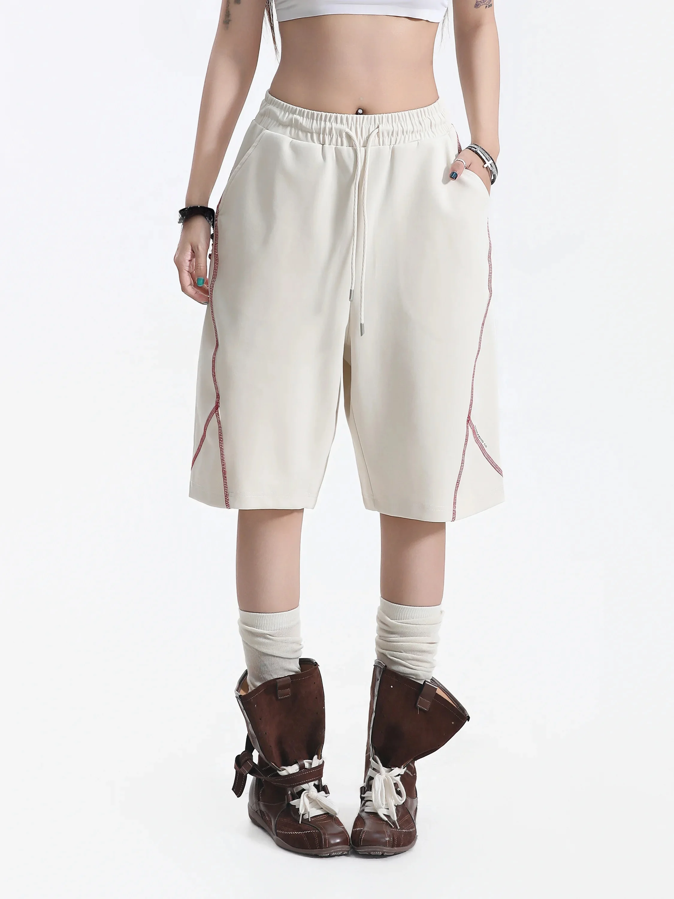 American Sporty Loose Five-Point Pants Women's Contrast Color Stitching Line Elastic Drawstring Casual Trousers for Couples