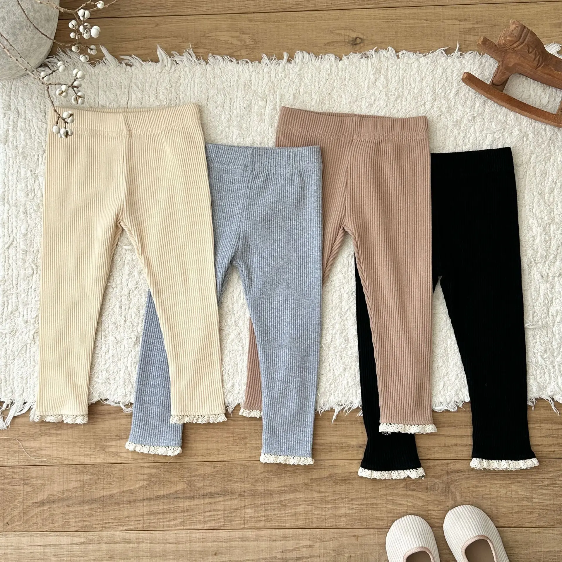 

2025 Autumn New Baby Girl Ribbed Leggings Cotton Children Casual Pants Solid Infant Toddler Clothes Kids Girls Lace Trousers