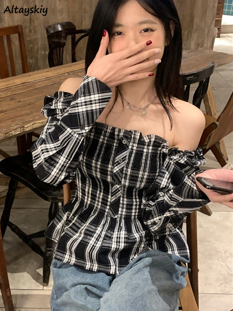 

Plaid Blouse Women Slash Neck Korean Style Y2k Breathable Spring All-match Design Slim Streetwear Girl Daily Aesthetic Clothes