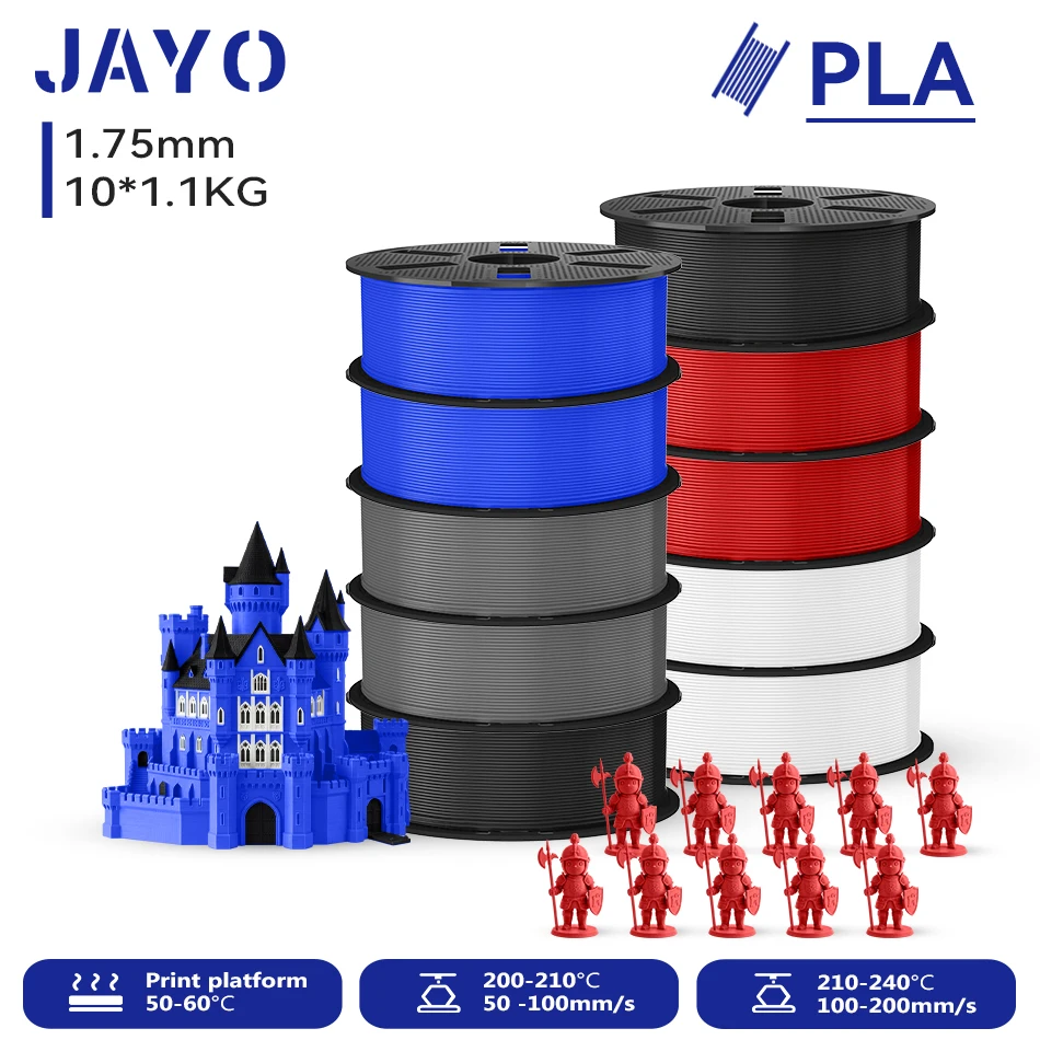 JAYO 10 Rollen 3D PLA Druckerfilament 1,75mm, ungiftig & blasenfrei, PLA-Kunststoff als 3D-Druckfilament für 99% der 3D-FDM-Drucker & -Stifte, 1,1KG/Rolle